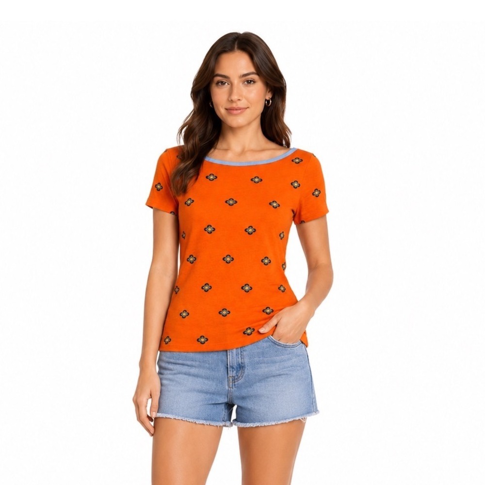 Charter Club Boat Neck Tee Women XS Pima Cotton Orange Nautical Bright Printed